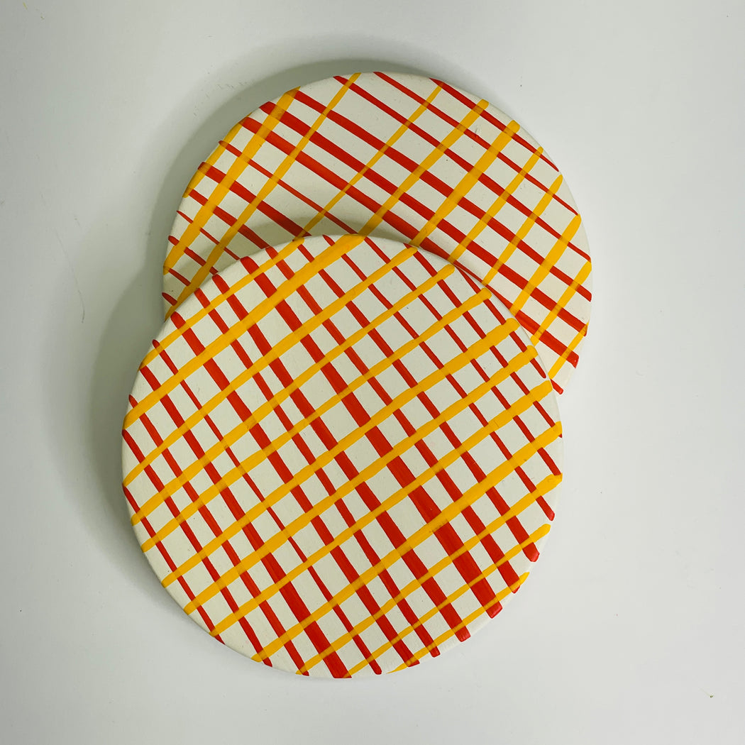 COASTER SET - YELLOW/VERMILLION CHECK