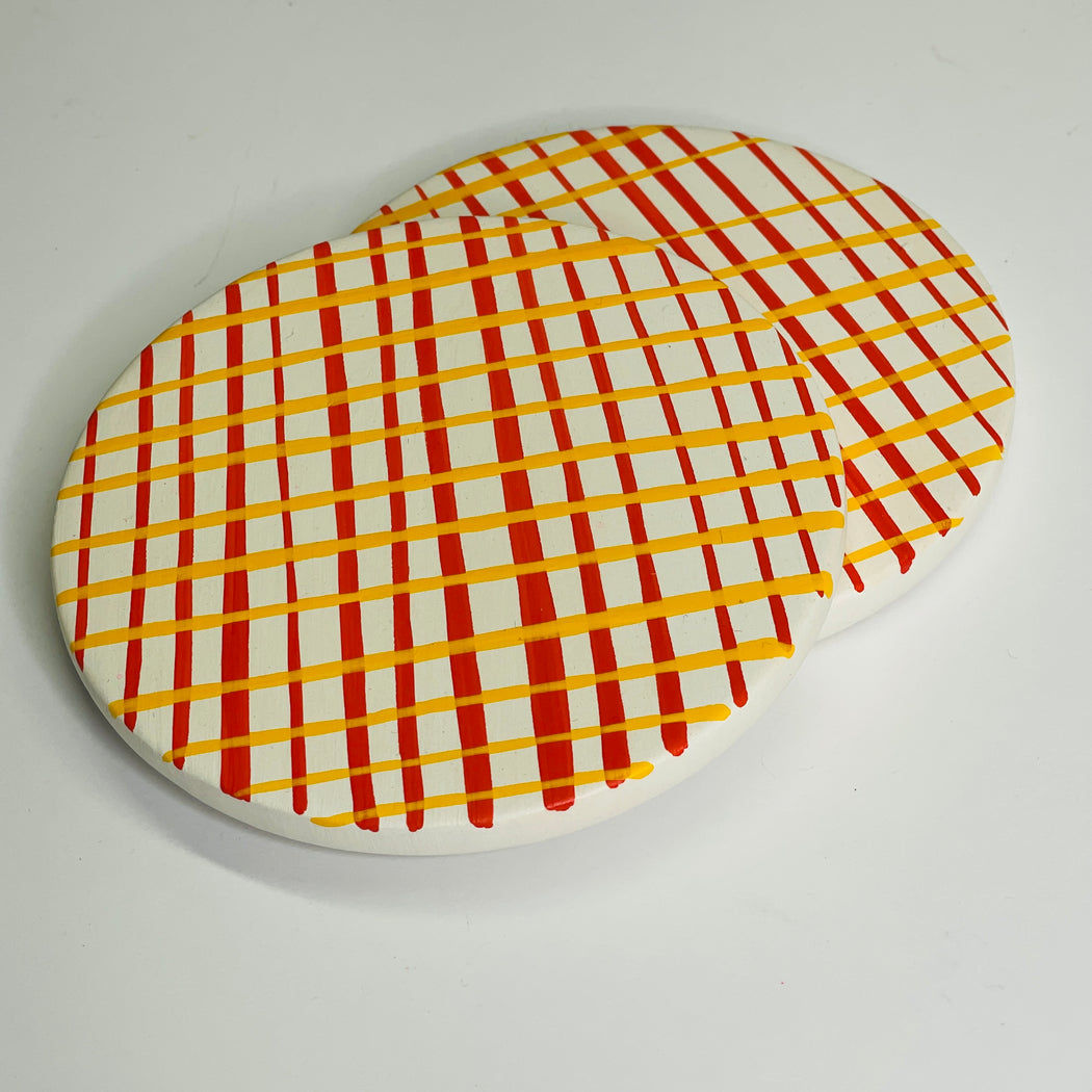 COASTER SET - YELLOW/VERMILLION CHECK