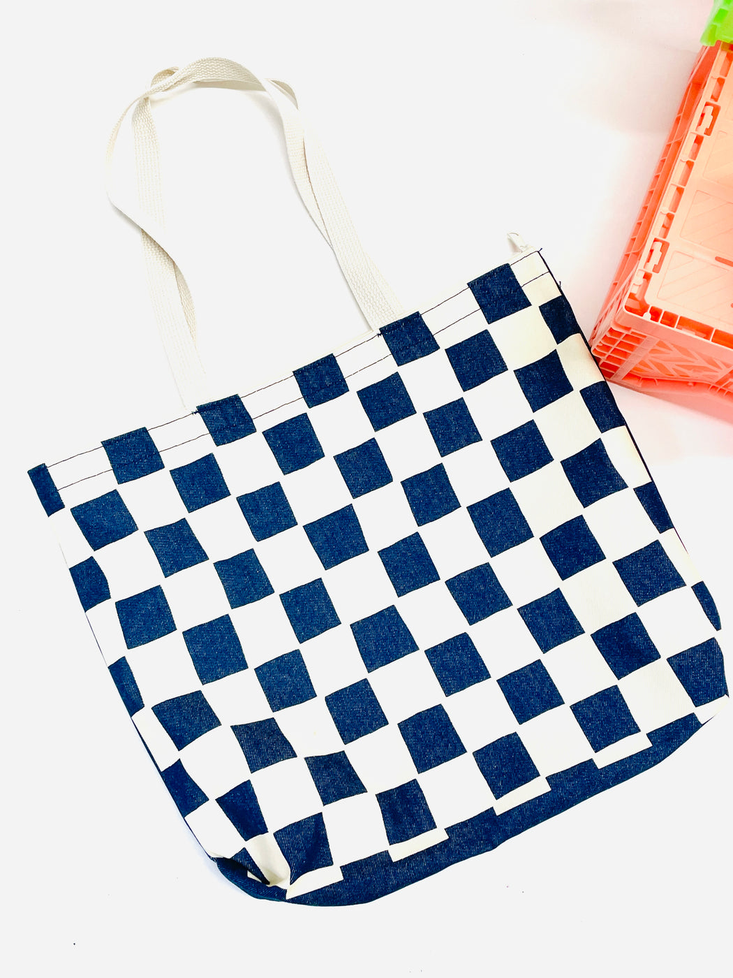 CHECKERBOARD DENIM TOTE BAG
