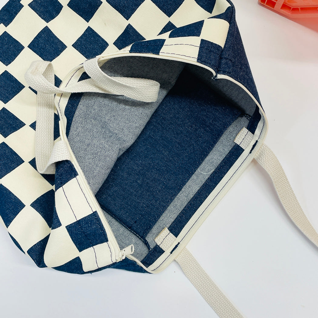 CHECKERBOARD DENIM TOTE BAG