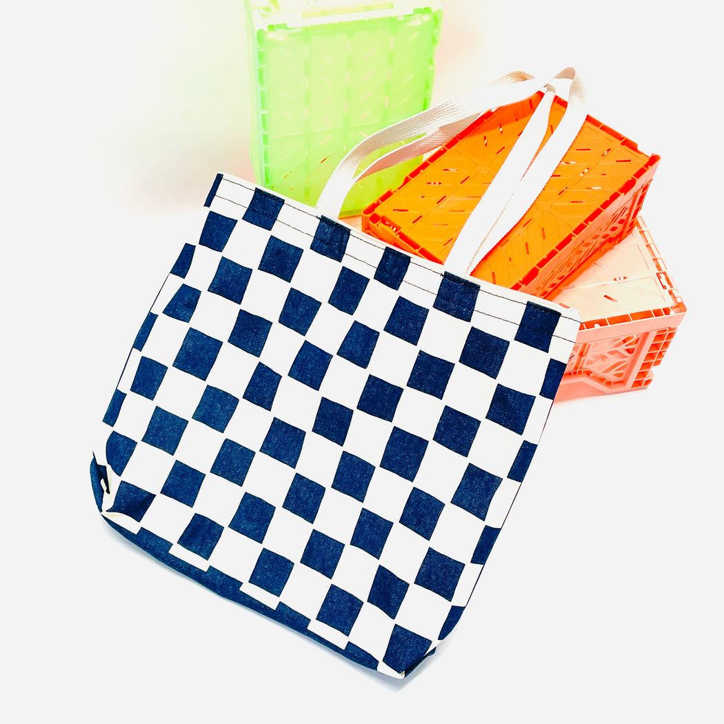CHECKERBOARD DENIM TOTE BAG